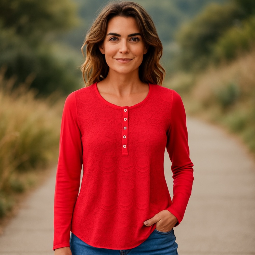 Crochet Style Long Sleeve Blouse Top Size L Red